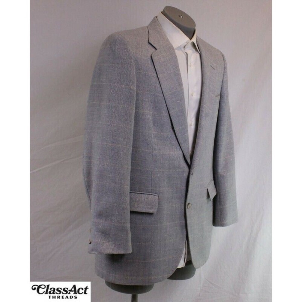 Bill Blass Jacket Blazer Sport Coat Blue glen plaid 2 btn Tweed 42L